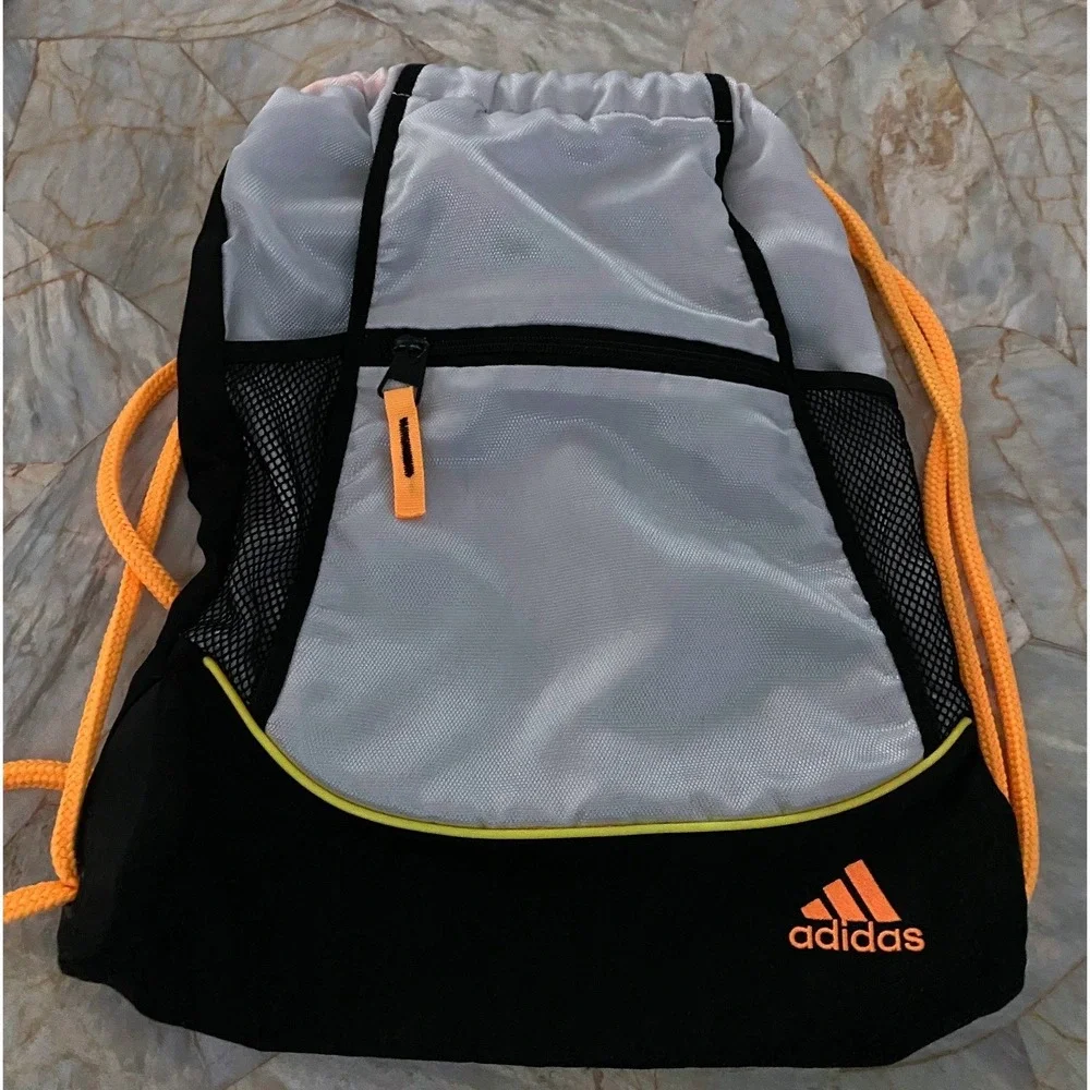 Adidas Drawstring Sackpack Black Silver Orange Mesh Gym Bag Cinch Sack